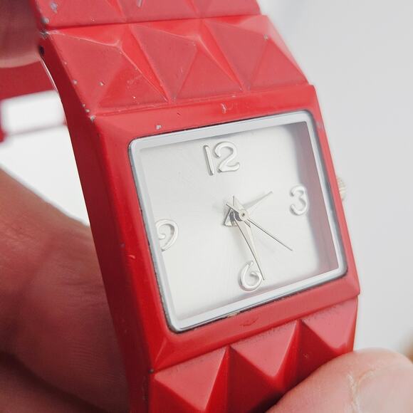 Red Studded Wide Band Bracelet Watch Art Deco Cube Chunky Bold Cosplay Costume - Picture 3 of 7